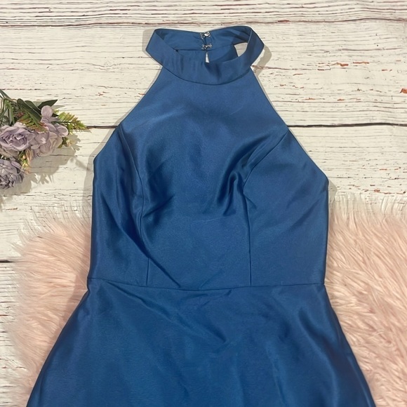 NWT Alfred Sung D772 High Neck Cutout Satin Twill Dress Dusk Blue - Picture 5 of 11